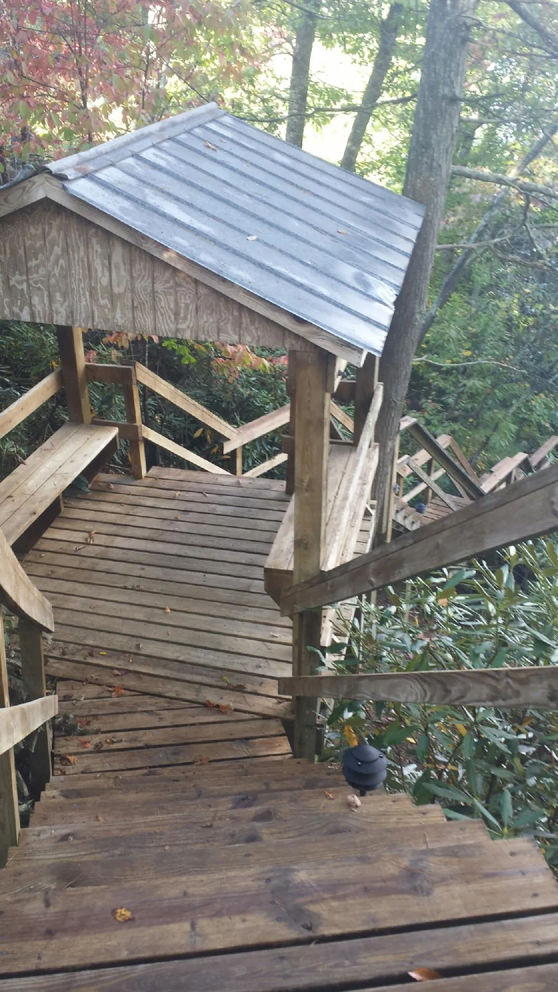 Metal roofed shelter over wooden steps on a wooded walkway — Skylight Repair & Installation work by our crew in Brownsboro